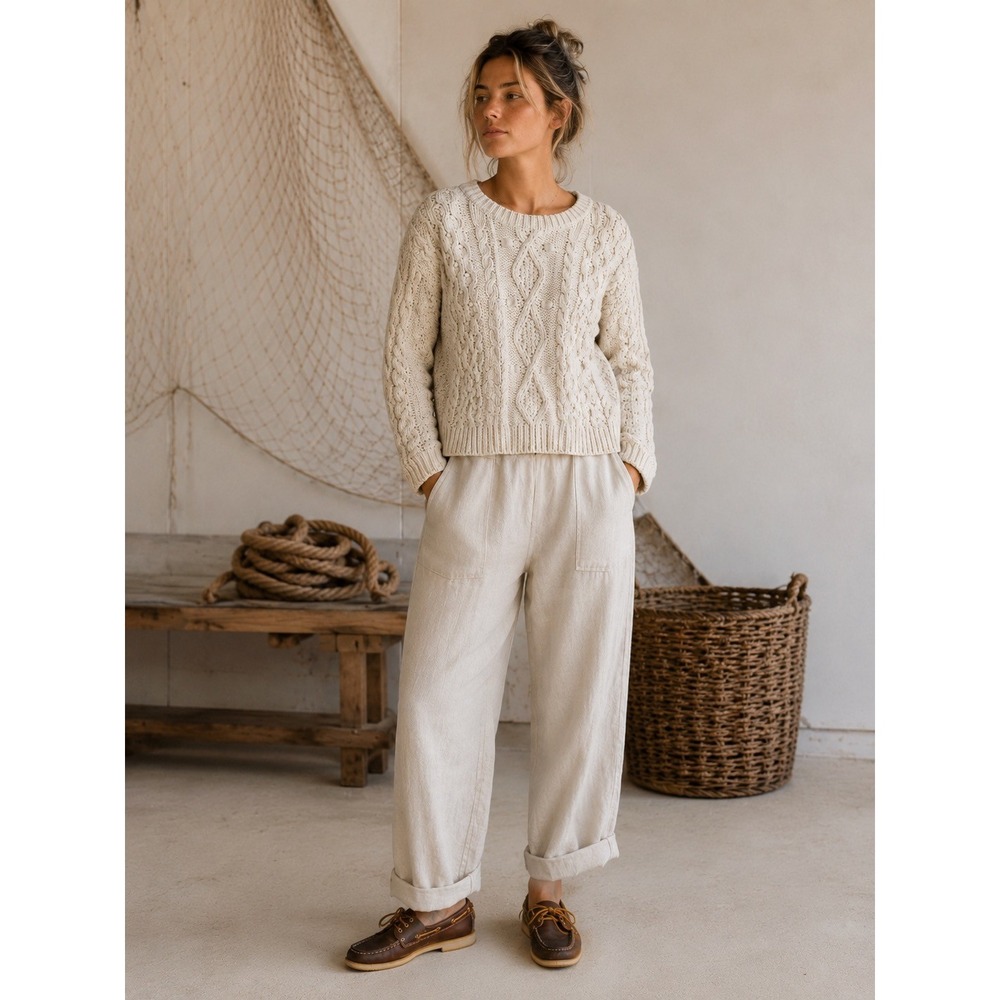 Zara Fisherman Cable Knit Bobble  Sweater Cream Ecru Chunky Crew Neck  M